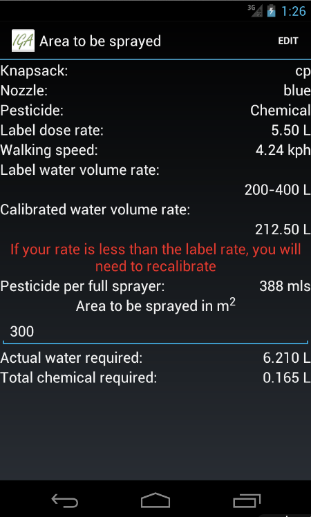 IGA Knapsack Spray Calibration Screen 3