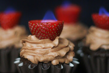 Chocolate Cupcakes with Flaming Strawberries