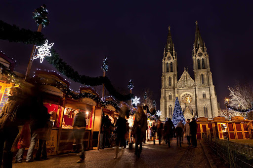 Christmastime near the Church of St. Ludmila in Prague, the Czech Republic.