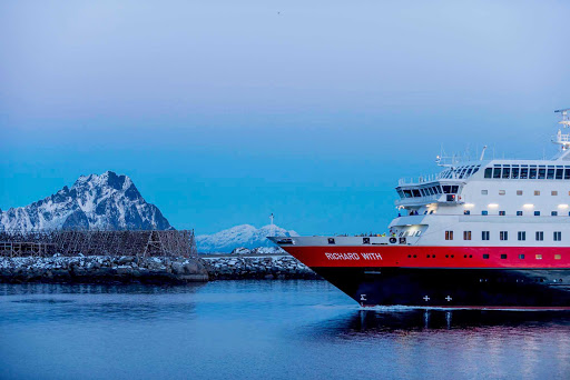 Hurtigruten-Richard-With-in-port - Hurtigruten's expedition ship Richard With pulls into the port town of Svolvær as she makes a journey along the  coast of Norway. 