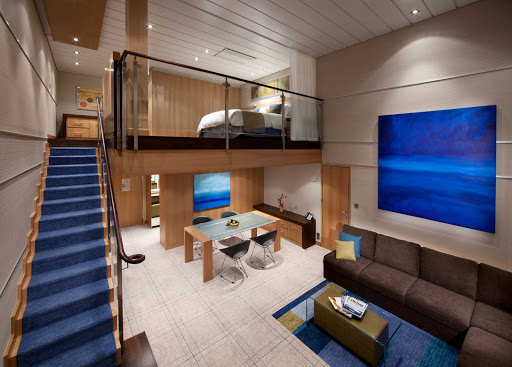 Book a Sky Loft Suite on Oasis of the Seas for a two-story room with panoramic views, master bedroom and bathroom, separate full bathroom, large private balcony with dining area and more.