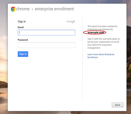 Chromebook enterprise enrollment screen