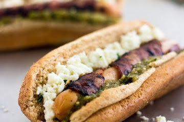 Bacon Wrapped Turkey Dogs with Salsa Verde and Queso Fresco