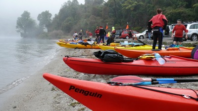 Kayaks ready to go to Tarawera Landing