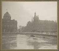 Zeer hoge waterstand in de Seine , op de achtergrond gebouwen op het Île de la Cité van Parijs