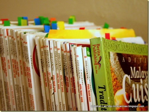 Our Cookbook and Magazine Shelf with Tabs for Saved Recipes