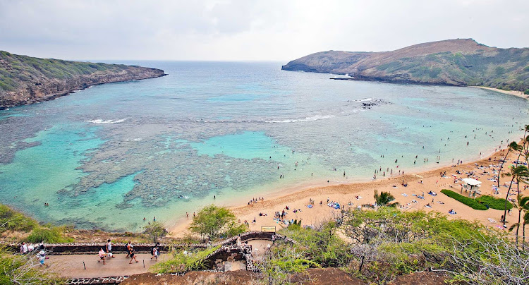 An aerial view of world-famous Hanauma Bay in Honolulu, Hawaii. A million visitors a year pass through the fragile marine ecosystem.