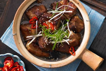 Red braised ginger pork belly with pickled chillies