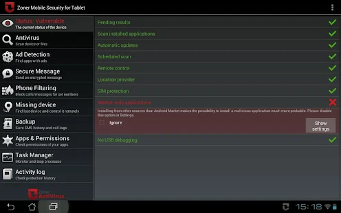 Zoner Mobile Security - Tablet - screenshot thumbnail