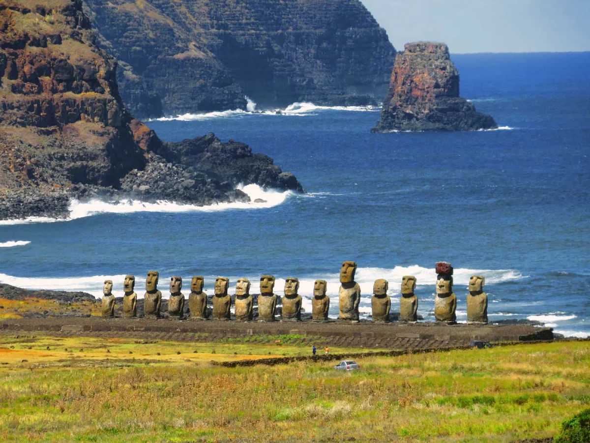 Easter-Island-Ahu-Tongariki-2 - Ahu Tongariki is the largest ahu (stone platform) on Easter Island. It contains 15 moai (statues), including an 86-ton moai that was the heaviest ever built on the island. 