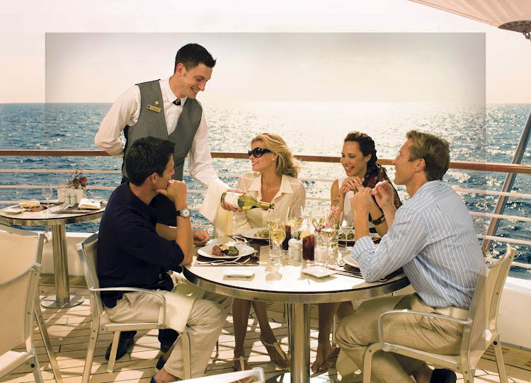 Wine and dine al fresco at the Veranda Cafe, aboard the Seabourn Pride, served by seasoned wait staff.