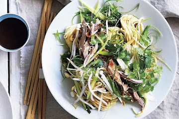 Egg noodle salad with barbecue duck and hoisin dressing