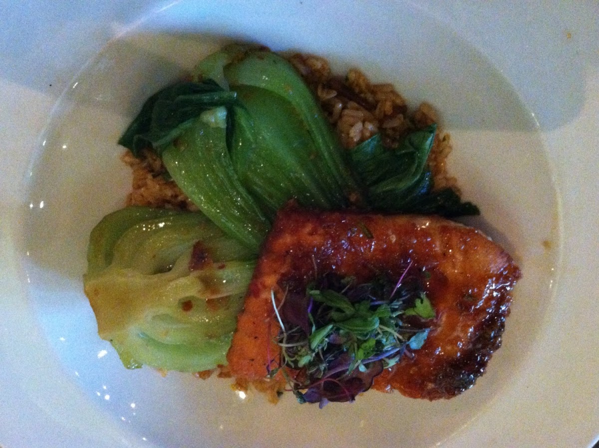 Soy salmon with almandine rice and baby bok choy