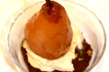 Pacherenc-Poached Winter Pears with Dark Chocolate &amp;amp; Salted Pistachio Cookies 