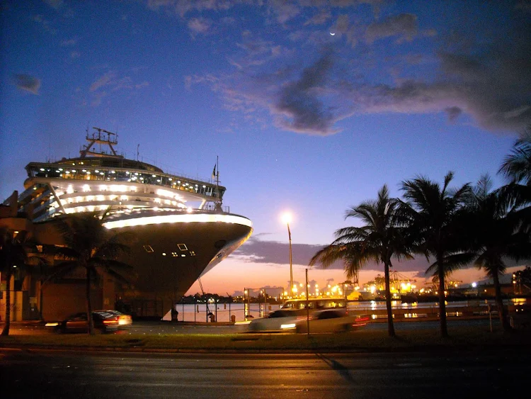 Golden Princess at nightfall in Honolulu, Hawaii.