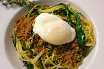 Spaghetti with Ramps, Breadcrumbs, &amp;amp; Poached Egg