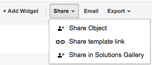 Share dashboard menu with 3 options: share object, share template, share in Solutions Gallery.