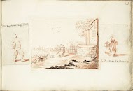 Jongen met mand, elkaar begroetende heer en dame en vrouw met manden