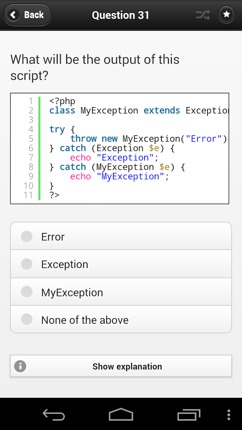 PHP Study Quiz App Screen 2