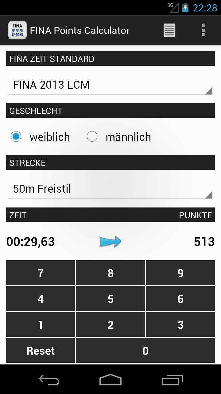 Android application FINA Swim Points Calculator screenshort