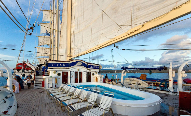 The not terribly fancy aft deck and pool on Star Clipper.