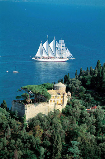 Star Clipper during a western Mediterranean sailing. The clipper ship is 360 feet long and carries 170 guests.