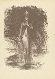 Naakte vrouw met bloem staand in ondiep water als verschijning