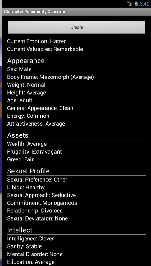 Character Personality Creator Screen 1