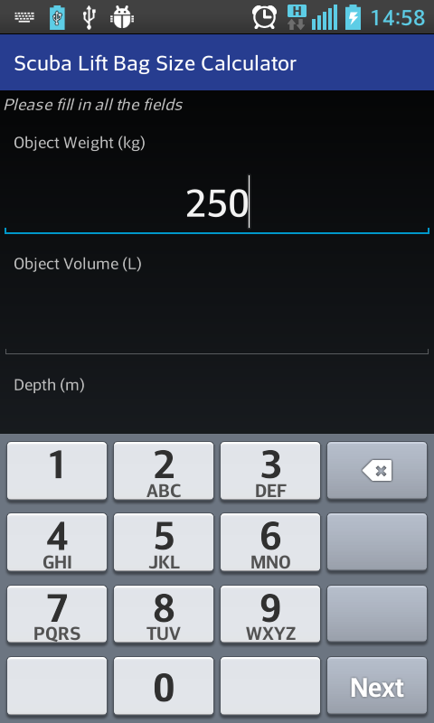 Scuba Lift Bag Size Calculator Screen 2