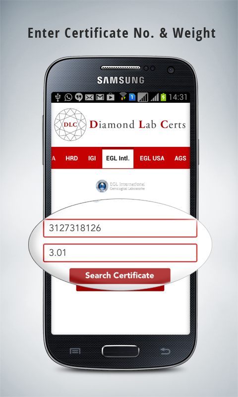 Android application DIAMOND LAB CERTS screenshort