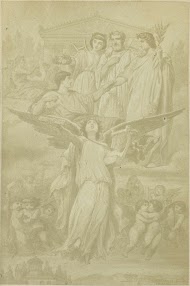 Fotoreproductie van een illustratie van Horatius met goden en muzen in de wolken