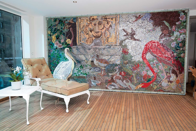 The handcrafted mosaic artwork is a luxurious feature of the S.S. Antoinette's indoor heated swimming pool.