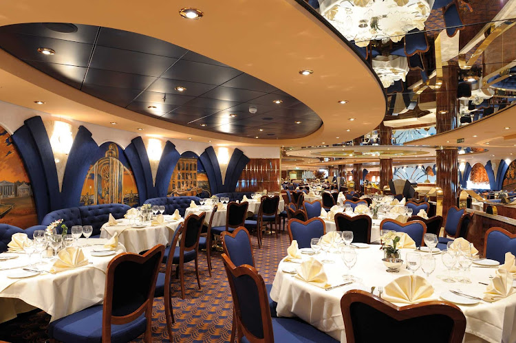 Le Fontane Ristorante, one of MSC Poesia's main dining rooms, offers an ambience of understated elegance and a menu of Mediterranean fare. 