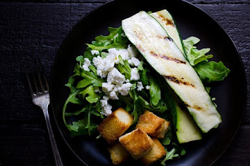 Grilled Zucchini Salad with Feta and Sweet Croutons
