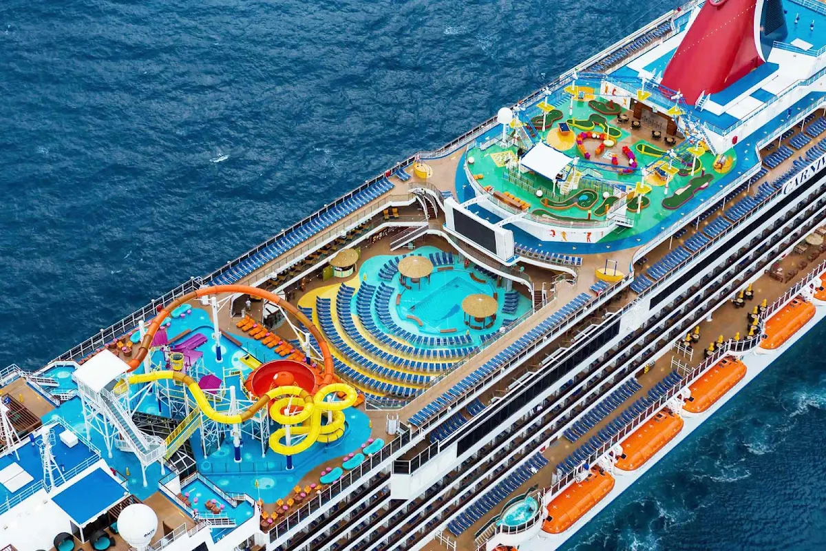 Carnival-Breeze-aerial-top-view - Carnival Breeze has a deck side pool, water park and a mini-gold course you can try out on your cruise to the Caribbean.
