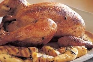 Cider-Brined Grill-Roasted Chicken with Grilled Apples and Sage