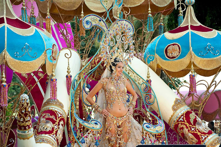 An elaborately costumed performer at the Carnival of Santa Cruz de Tenerife in the Canary Islands, held each February.