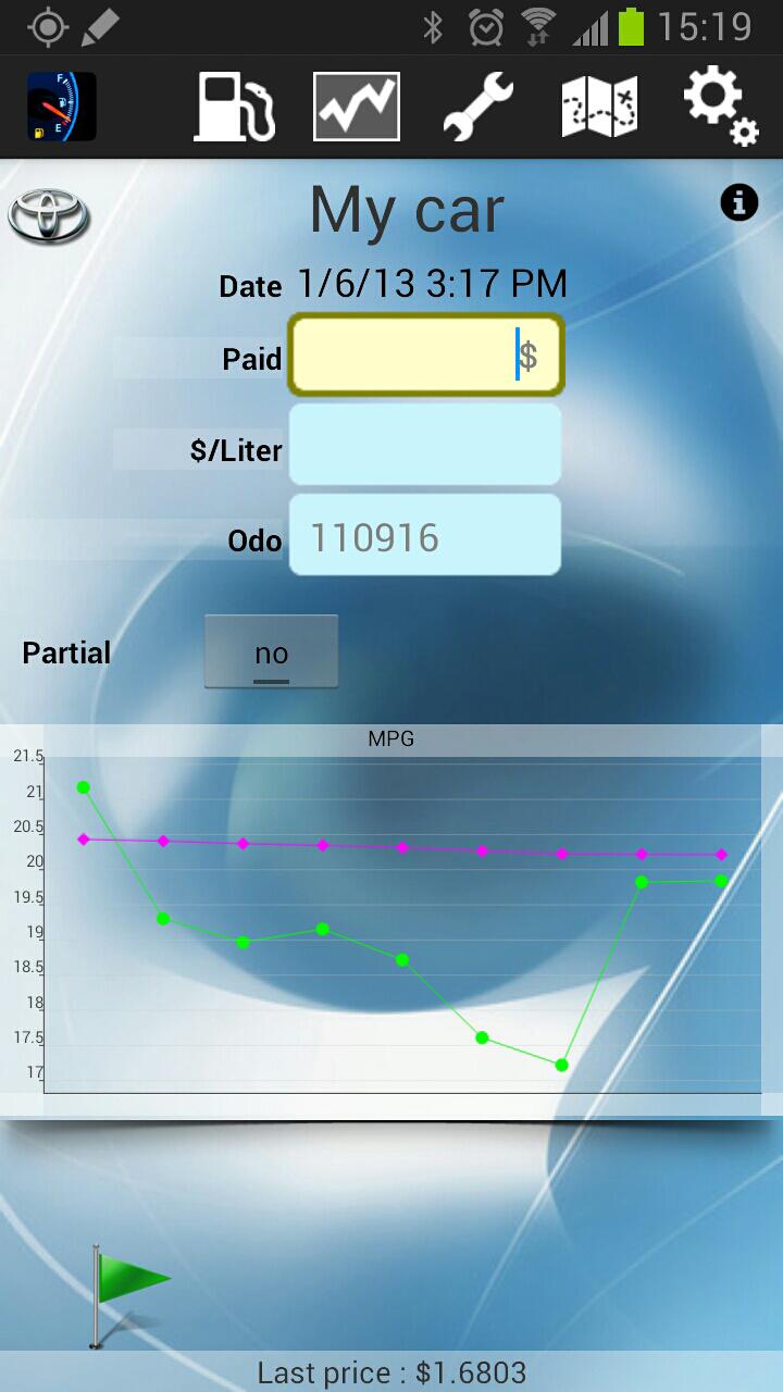 MyFuelLog pro Screen 1