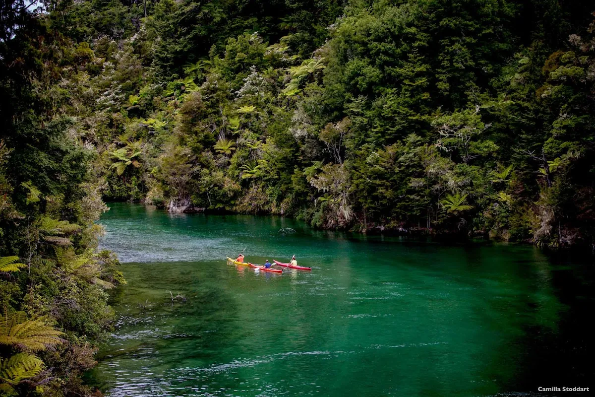 Kayak_tour_ in_Abel_Tasman_National_Park - Like a giant swimming pool, the waters of Abel Tasman National Park are beautifully clear and blue. From the settlement of Marahau you can catch a water taxi to any beach or bay in the park. Spend the day swimming, snorkeling or kayaking, then call for a taxi ride back out again. It's at the north end of the South Island.