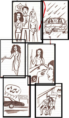 First off, I salute you for finding the alt text; you're a smart one. Second of all, yes, I went to visit dwong and PMB in DC last weekend and, since words are an overrated form of communication, I decided to draw things instead of writing about them. Third, everyone should try wine made from raspberries at least once in their lives. Fourth, listen to the rest of the Song of the Day if you can -- it's called Hiding My Heart and it's both kickass and very dear to me. Fifth, I can't draw cars, hands, or faces in profile and I apologize for the atrocity.