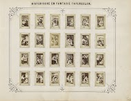 Twee albumbladen met namen en afbeeldingen van historische en fantasietaferelen