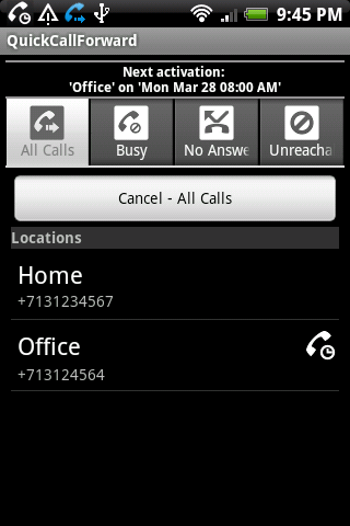 Android application QuickCallForward screenshort