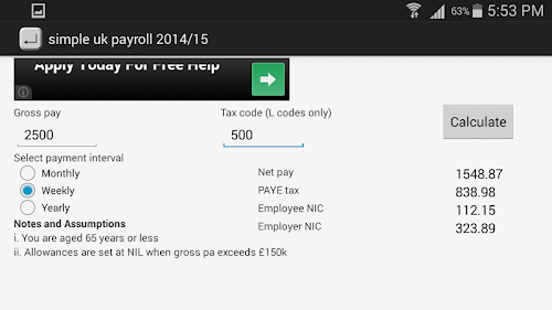 Android application UK payroll calculator 2016/17 screenshort