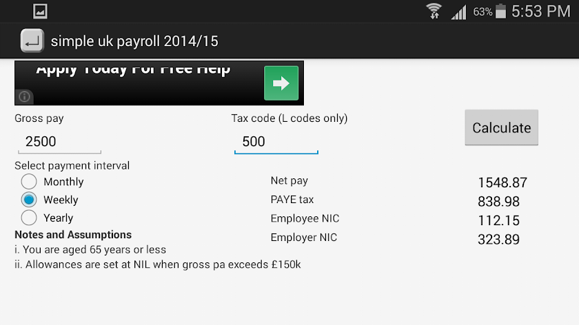 UK payroll calculator 2016/17 Screen 1