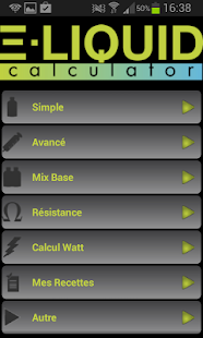 Capture d'ecran de l'application Android E-Liquid Calculator NOADS