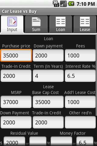 Android application Car Lease vs. Buy screenshort