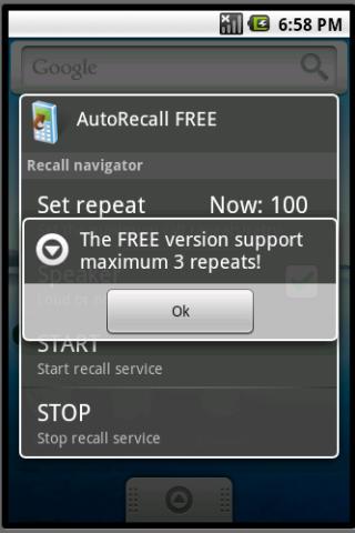 AutoRecall, auto dial TICKET Screen 1