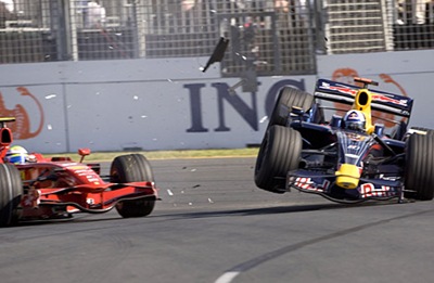 smash, crash, collision, f1, car, racing car, formula one, picture, race, ing, ferrari, red bull, red, yellow, blue, route, fence, photo 