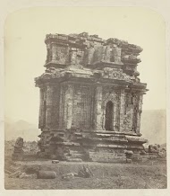 Candi Parikesit, general view (possibly from northwest) with sculptural remains scattered around. Dieng plateau, Wonosobo district, Central Java province, 9th century.