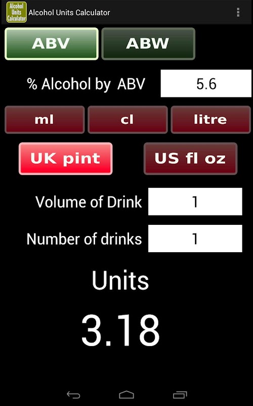 Android application Alcohol Units Calculator screenshort